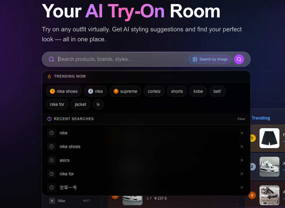 Barra de pesquisa com tendências, pesquisa por imagem e atalho de lupa no hub.