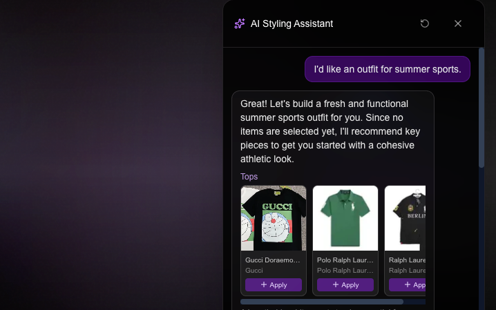 Assistente de estilo por chat com sugestões de peças e botões para aplicar ao look.